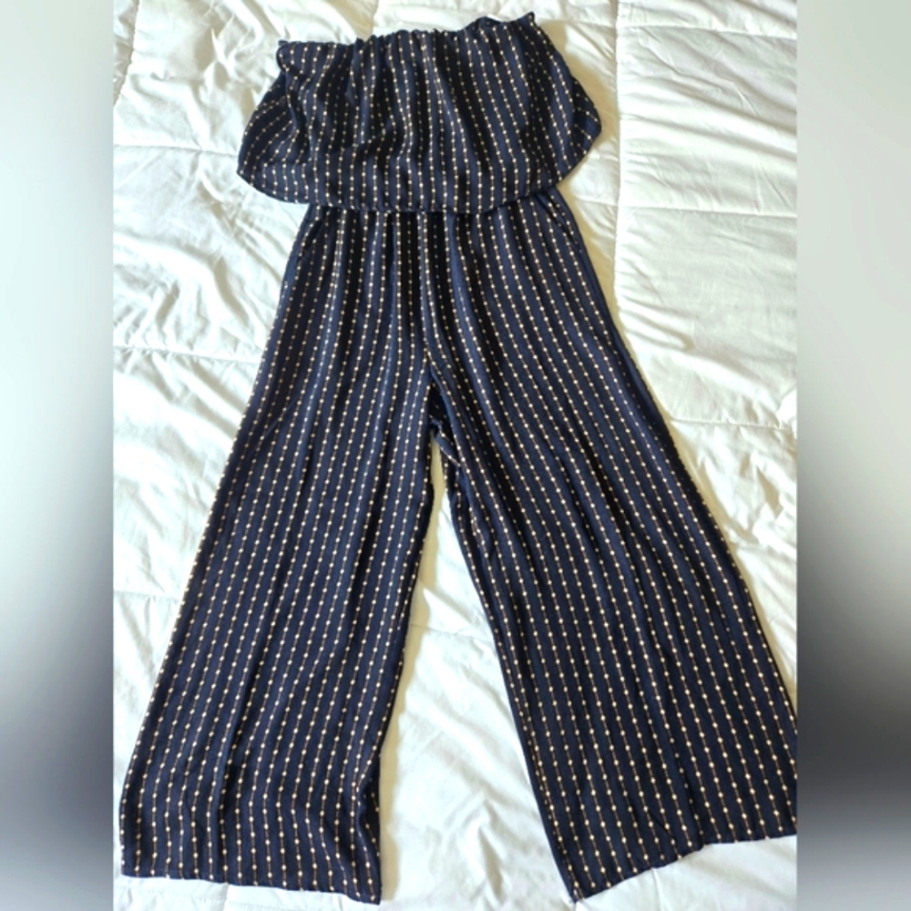 Chic Blue and White Strapless Halter Top  Jumpsuit Wirh Pockets Size Small